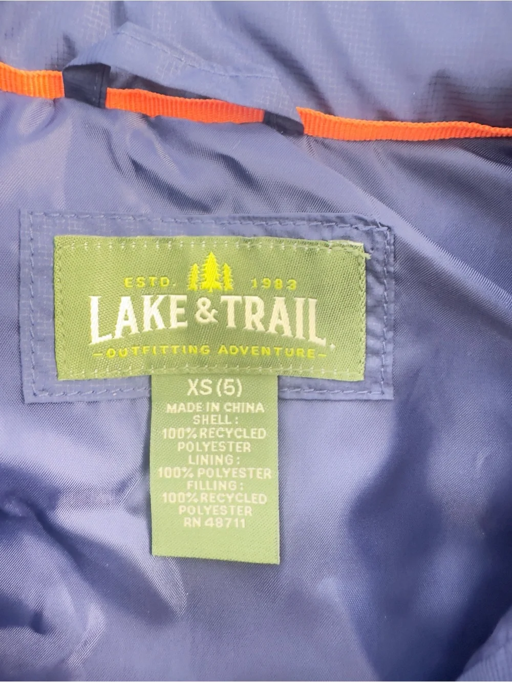 Lake & Trail Kids Lightweight Quilted Vest in Blue with Orange Trim